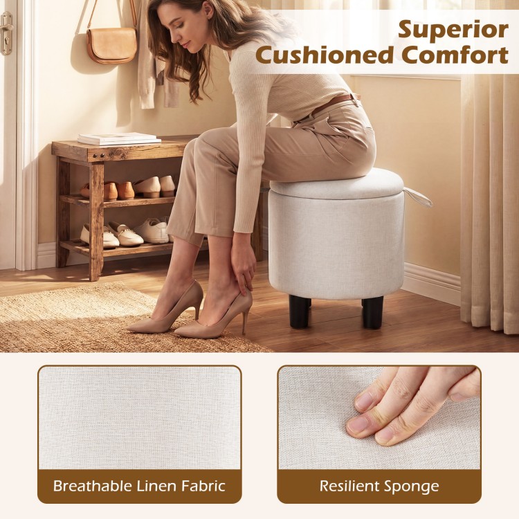 Round beige storage ottoman with breathable linen fabric, removable lid, and sponge filling for comfort and versatility.
