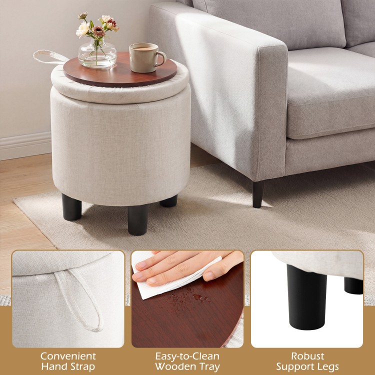 Round beige storage ottoman with removable lid, wooden tray, and sturdy legs, perfect for living room or bedroom use.