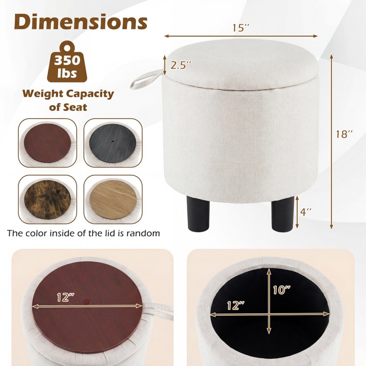 Beige round storage ottoman with removable lid, sturdy wooden frame, and dimensions for versatile use in living spaces.