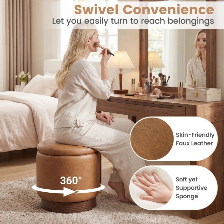 Round storage ottoman in brown faux leather with 360° swivel, soft sponge, and acacia wood frame for versatile use.