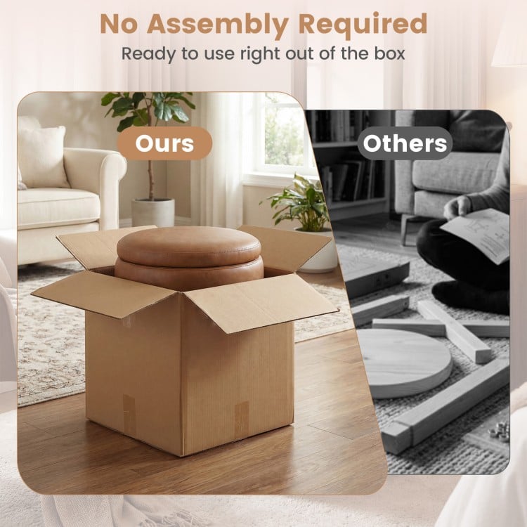 Round storage ottoman in a box, featuring acacia wood frame, faux leather, and no assembly required for easy use.