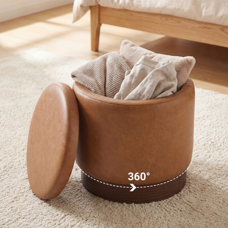 Round storage ottoman in brown with acacia wood frame, featuring a 360° swivel and hidden storage for living room use.
