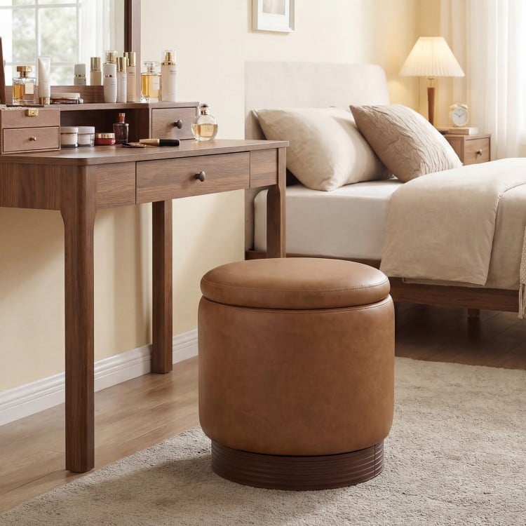 Round brown storage ottoman with acacia wood frame, featuring 360° swivel and hidden storage for versatile use.