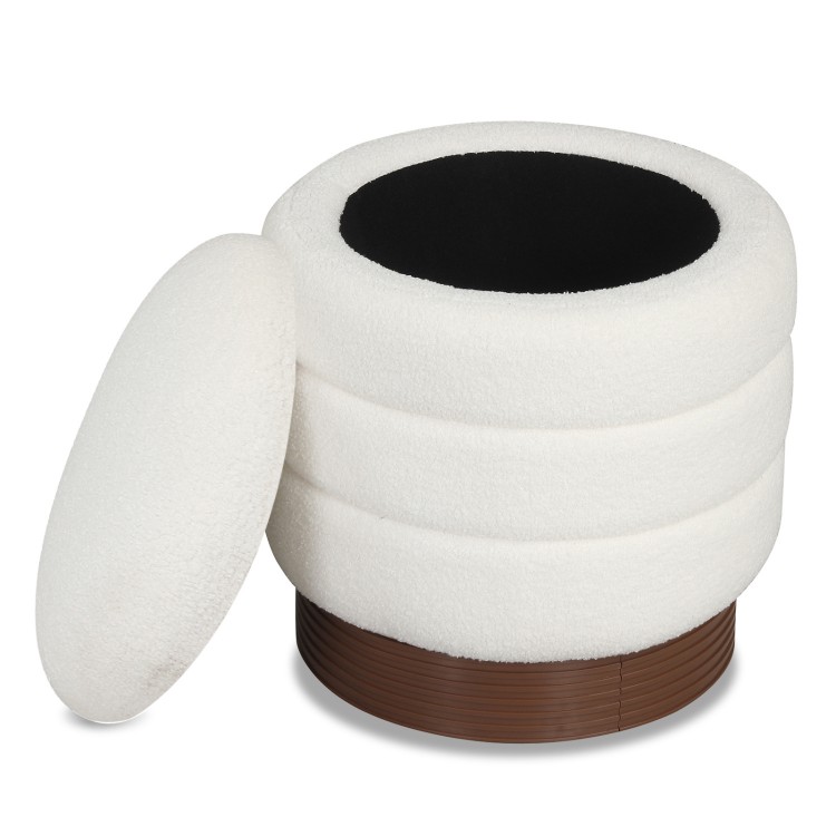 Round storage ottoman in white boucle fabric with acacia wood frame, featuring hidden storage and 360° swivel.