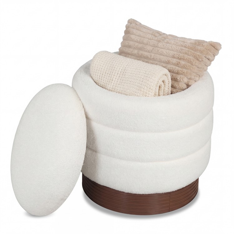 Round storage ottoman in white with acacia wood frame, featuring hidden storage and 360° swivel for versatile living.