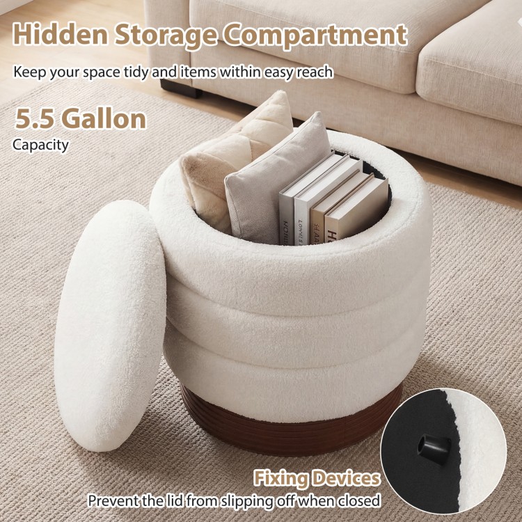 Round storage ottoman with acacia wood frame in white, featuring a hidden storage compartment and 360° swivel.