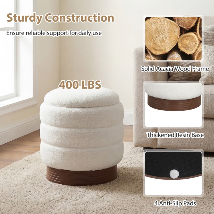 Round storage ottoman with acacia wood frame in white, featuring a soft boucle fabric and hidden storage for living.