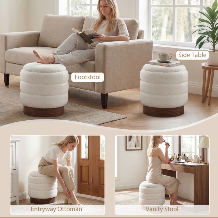 Round storage ottoman with acacia wood frame in white, featuring hidden storage and 360° swivel for versatile use.