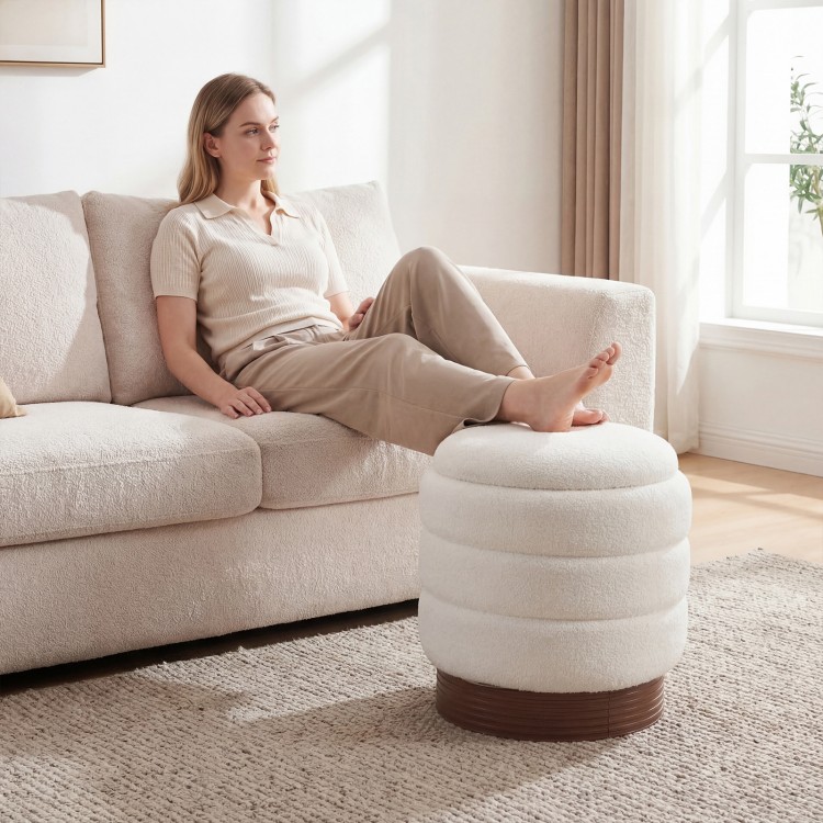 Round storage ottoman in white boucle fabric with acacia wood frame, perfect for living room seating and hidden storage.