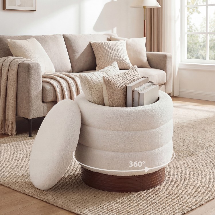 Round storage ottoman with acacia wood frame in white, featuring 360° swivel and hidden storage for living room use.