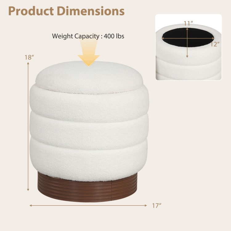 Round storage ottoman with acacia wood frame, white boucle fabric, 360° swivel, and hidden storage for living room use.