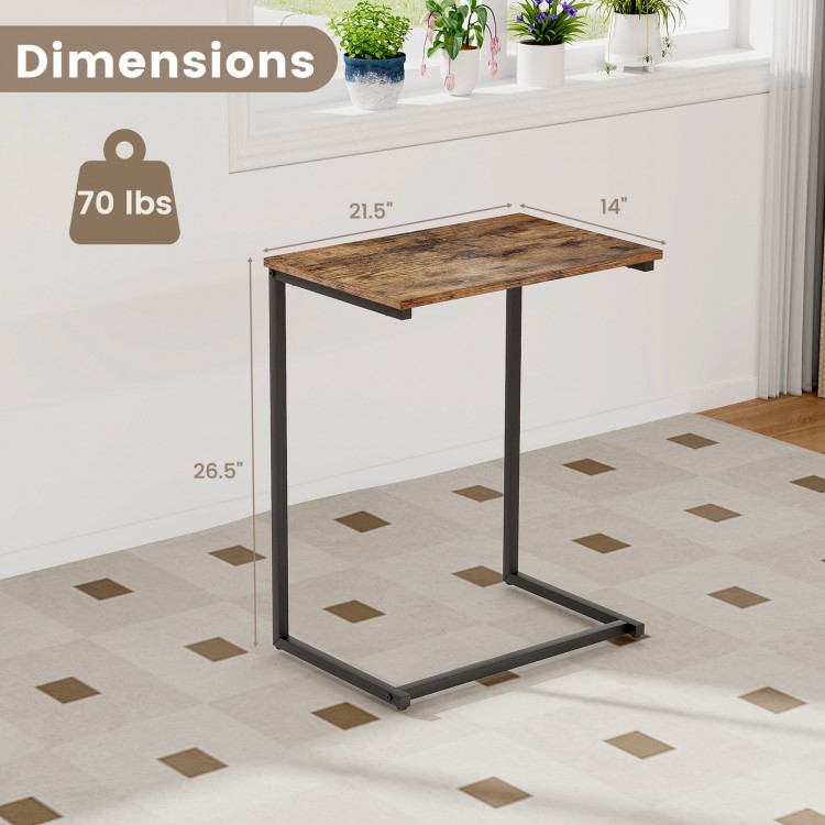 C-shaped industrial end table with wood grain finish and metal frame, ideal for small spaces and multifunctional use.