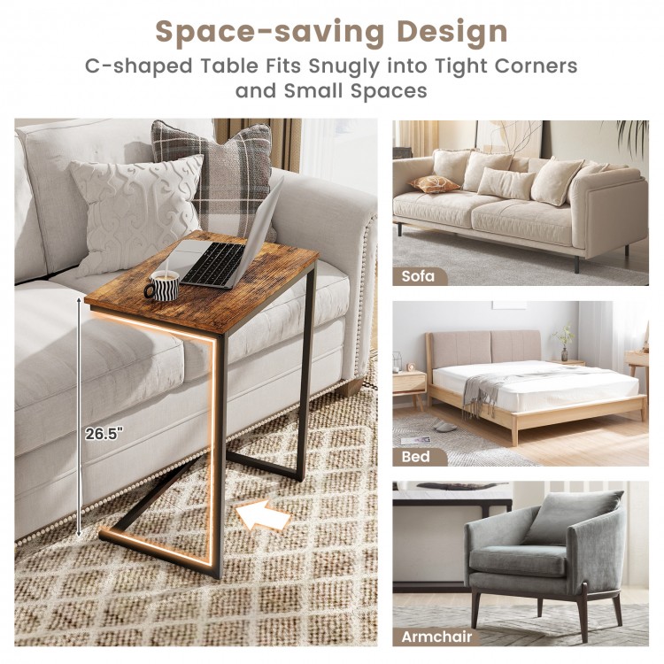 C-shaped industrial end table with wood grain finish and metal frame, perfect for small spaces and versatile use.