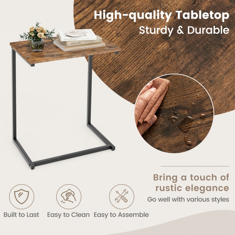 C-shaped industrial end table with a wood grain finish, perfect for small spaces and versatile use in any room.