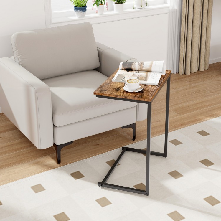 C-shaped industrial end table with a wood grain finish and metal frame, perfect for small spaces and versatile use.