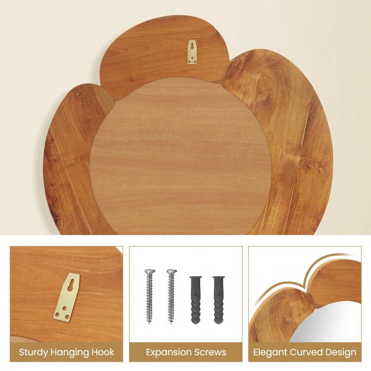 Rustic 29-inch vanity mirror with elegant curved teak wood frame and sturdy hanging hook, perfect for any room.