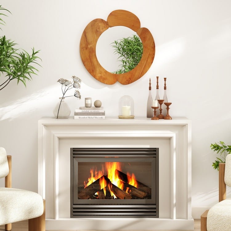 Curved 29-inch rustic vanity mirror with solid teak wood frame, ideal for elegant home decor in various rooms.