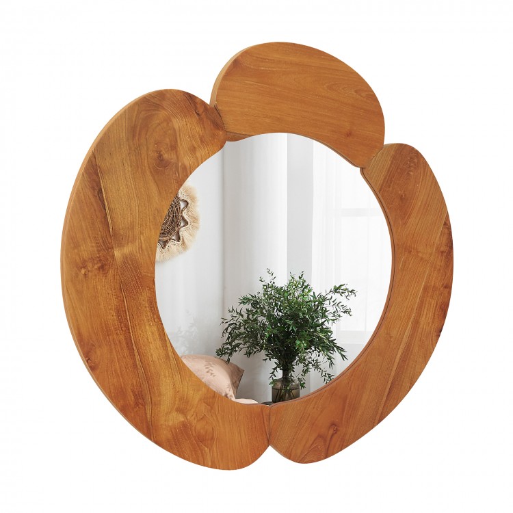Rustic 29-inch hanging vanity mirror with a solid teak wood frame and elegant curved design, perfect for any room.