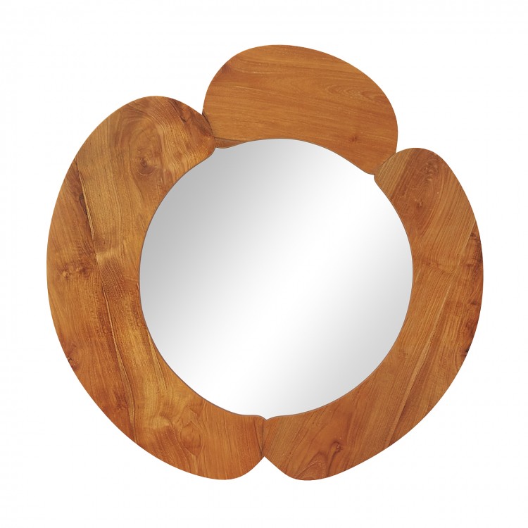 Rustic 29-inch hanging vanity mirror with a solid teak wood frame, featuring an elegant curved design for stylish decor.