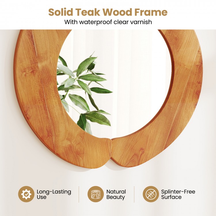 29-inch rustic vanity mirror with solid teak wood frame, waterproof varnish, and elegant curved design for stylish.
