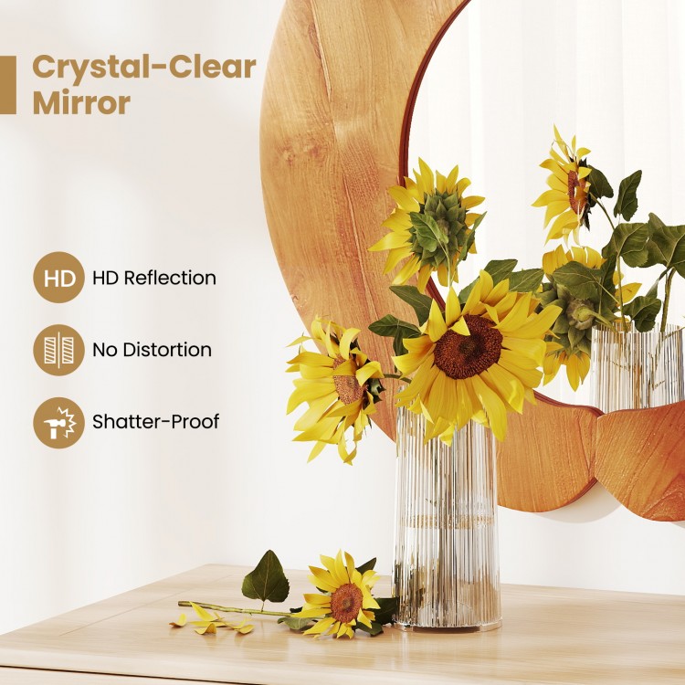 29-inch rustic hanging vanity mirror with teak wood frame, featuring HD reflection and elegant curved design for.