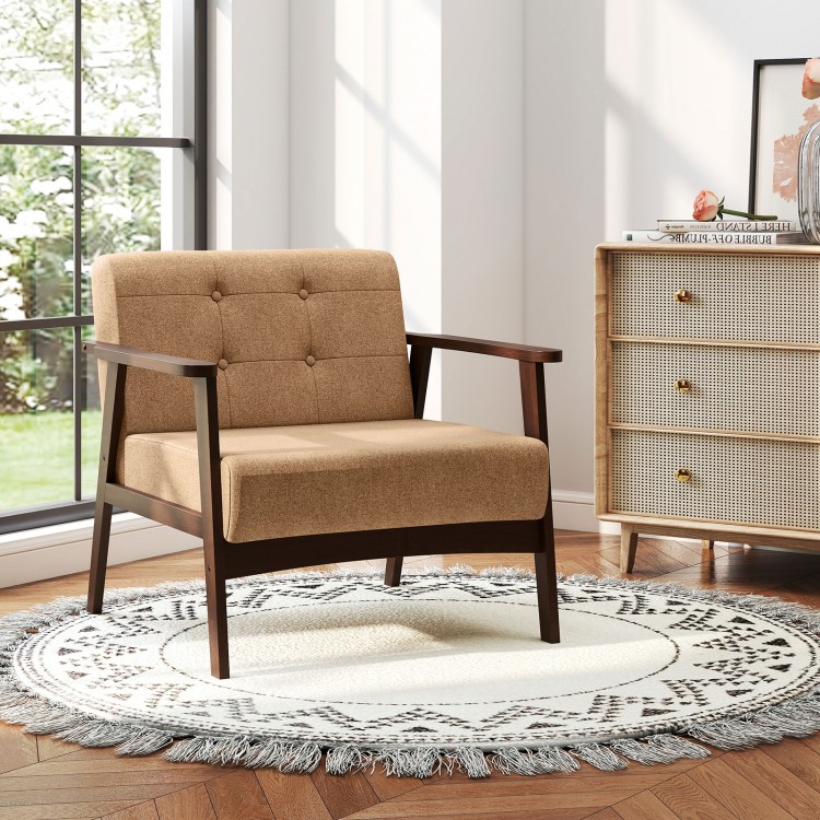 Beige accent chair with rubber wood frame, button tufting, and armrests, perfect for living room relaxation.