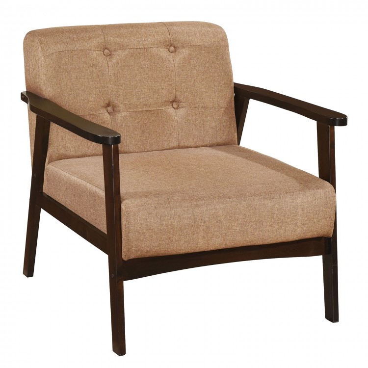 Beige rubber wood frame accent chair with armrests, featuring button tufting and mid-century design for living room.