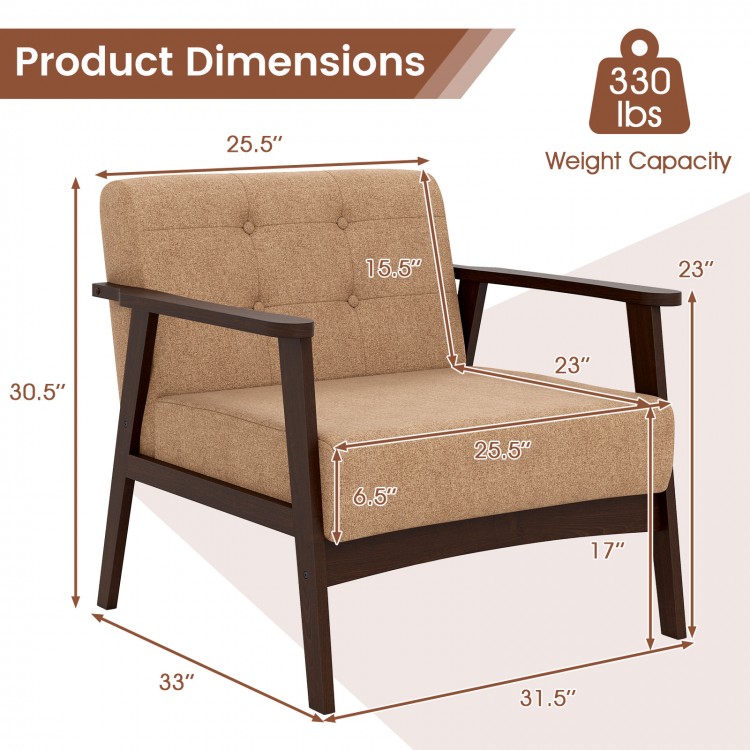 Beige rubber wood frame accent chair with armrests, featuring button tufting and dimensions for living room use.