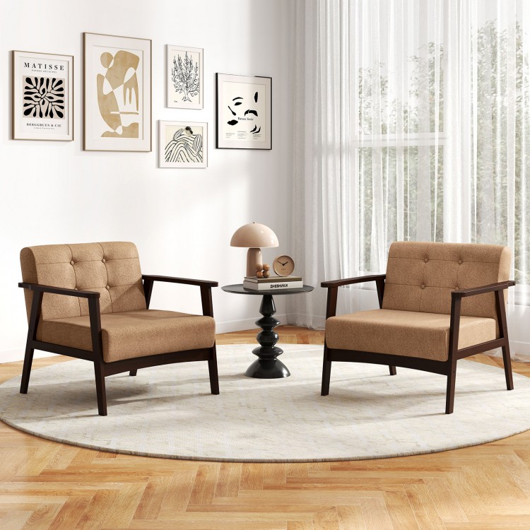 Beige rubber wood frame accent chairs with armrests and button tufting, perfect for living room relaxation.