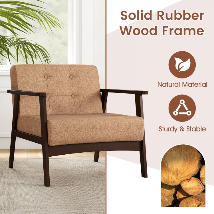 Beige rubber wood frame accent chair with armrests, featuring a mid-century design and supportive backrest for living.