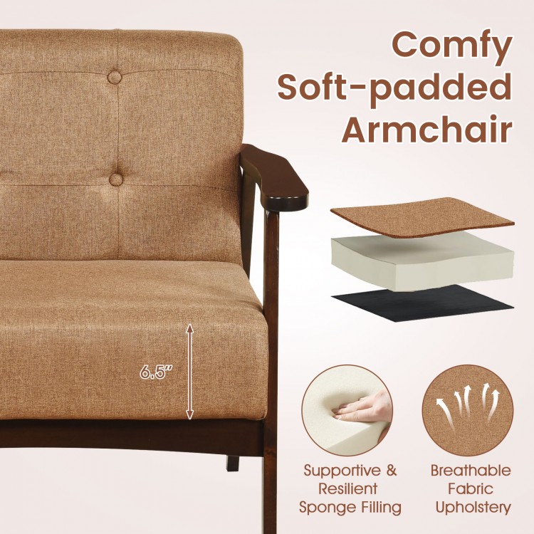 Beige rubber wood frame accent chair with armrests, featuring supportive foam filling and button tufting for living.