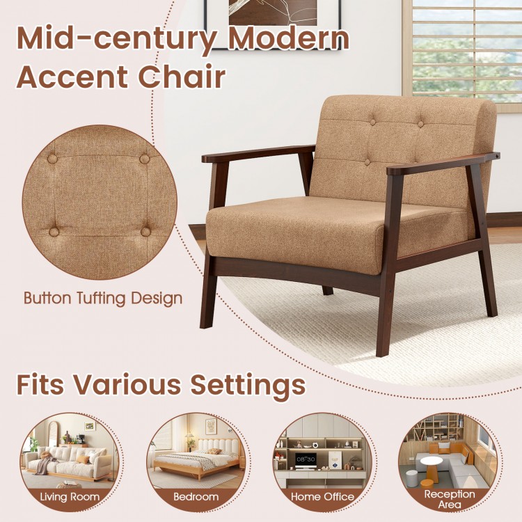Beige mid-century modern accent chair with button tufting, solid rubber wood frame, ideal for living rooms and home.