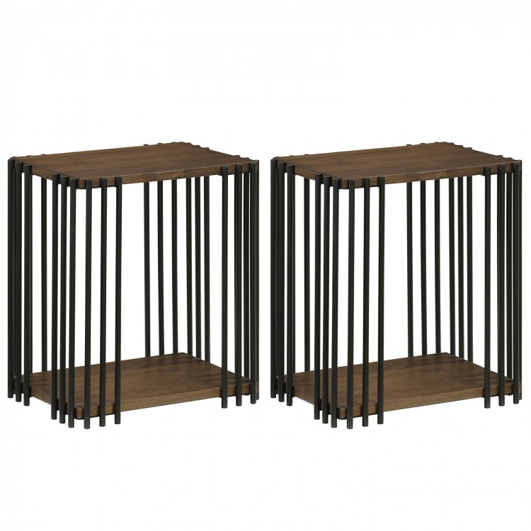 Rubber wood side table set of 2 with metal frame and 2-layer storage shelves, perfect for living room or bedroom use.
