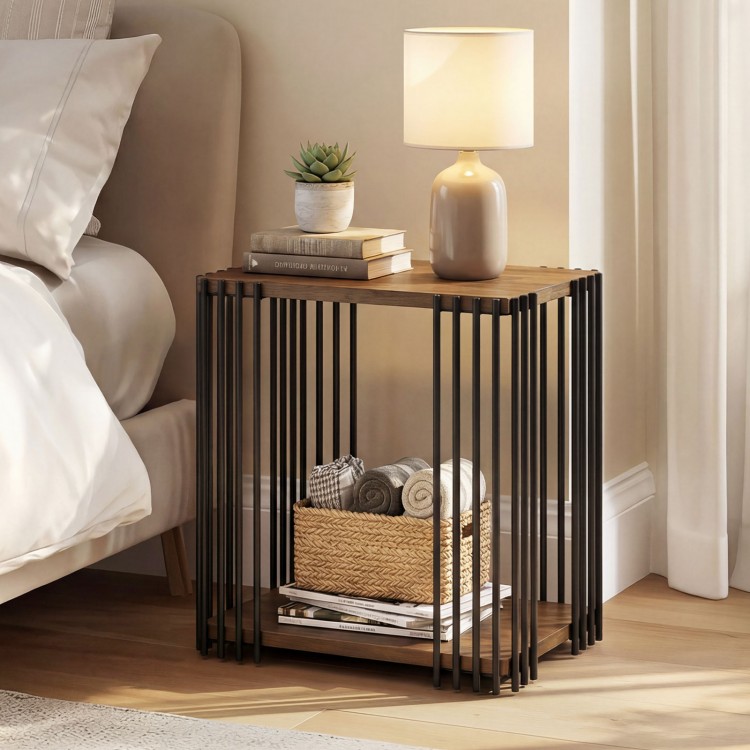 Rubber wood side table with a walnut finish, featuring a metal frame and 2-layer storage shelves for living room use.