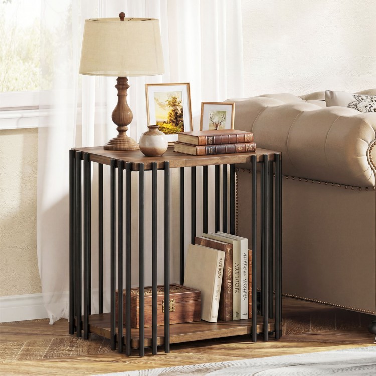 Rubber wood side table with 2-layer storage shelves and metal frame in walnut, perfect for living room or bedroom use.