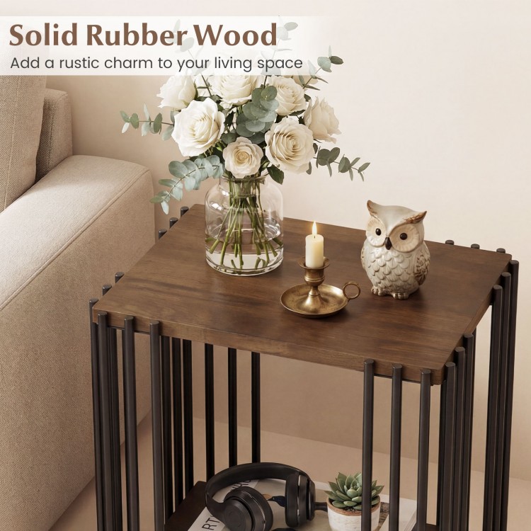 Rubber wood side table with metal frame, featuring 2-layer storage shelves for living room or bedroom use.