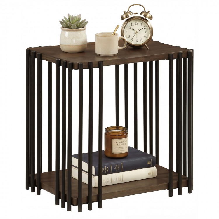Rubber wood side table with metal frame, featuring 2-layer storage shelves, ideal for living room or bedroom use.