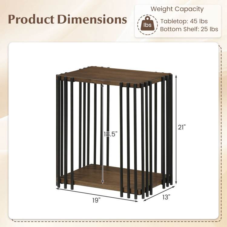 Dimensions of the walnut rubber wood side table with a metal frame, showcasing 2-layer storage shelves for practical.