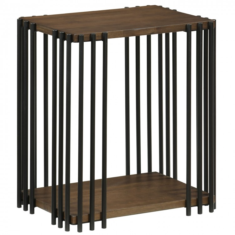 Rubber wood side table with walnut finish and metal frame, featuring two-layer storage shelves for versatile use.