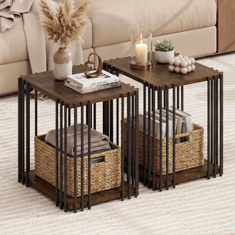 Rubber wood side table set of 2 with metal frame, featuring 2-layer storage shelves for living room or bedroom use.