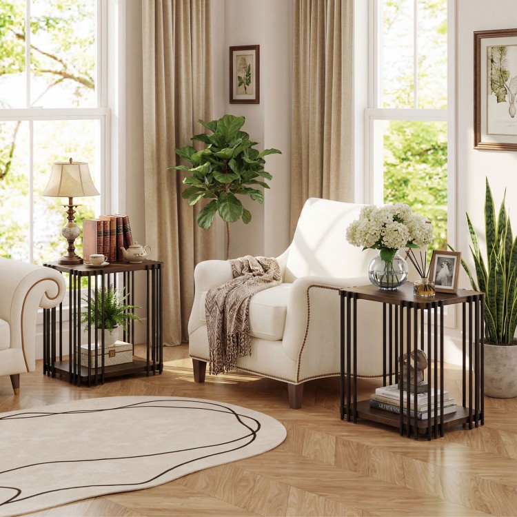 Rubber wood side table with a smooth surface and sturdy metal frame, ideal for storing magazines or drinks in small.