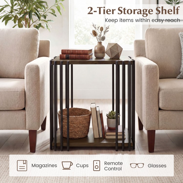 Rubber wood side table with 2-tier storage shelf and metal frame, perfect for living room organization.
