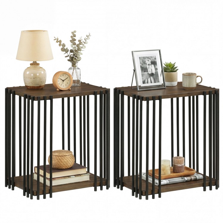 Rubber wood side table set of 2 with metal frame, featuring 2-layer storage shelves, ideal for living room or bedroom.