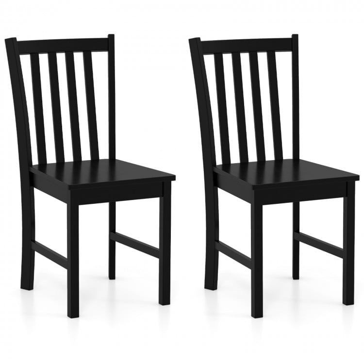 Set of 2 black wooden dining chairs with slat backrest, ergonomic tilt design, perfect for kitchen or dining room use.