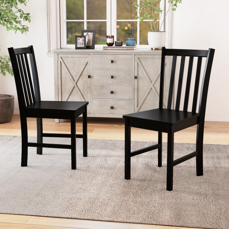 Set of 2 black wooden dining chairs with slat backrest, perfect for kitchen or dining room decor.
