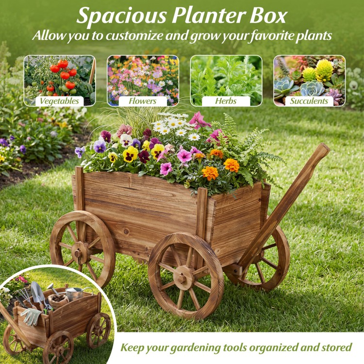 Rustic rolling flower pot stand made of fir wood, featuring wheels and handle for easy mobility and plant display.
