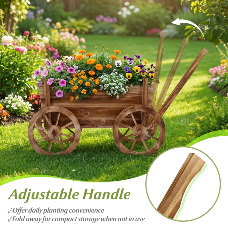 Rustic rolling flower pot stand with wheels, adjustable handle, and premium fir wood for garden decoration and.