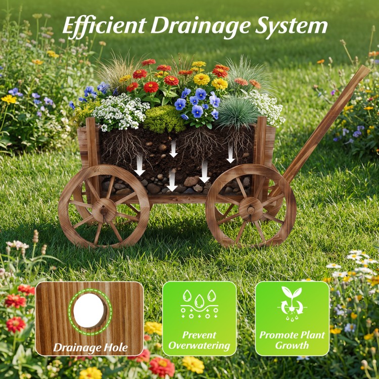 Rustic rolling flower pot stand in antique wagon style, made of fir wood, with drainage hole for healthy plant growth.