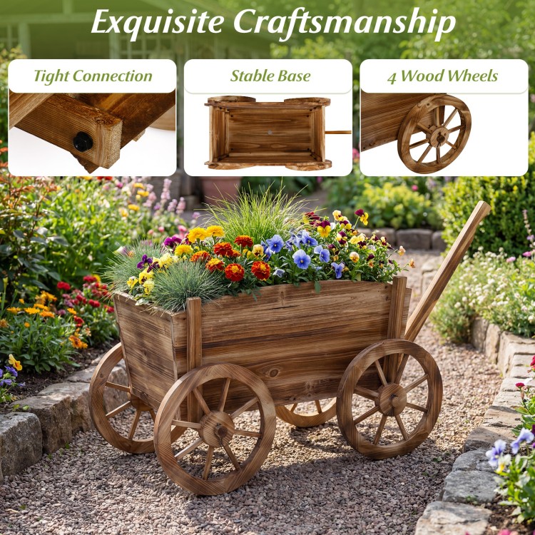 Rustic rolling flower pot stand with wheels, made of fir wood, featuring a vintage wagon design for garden decor.