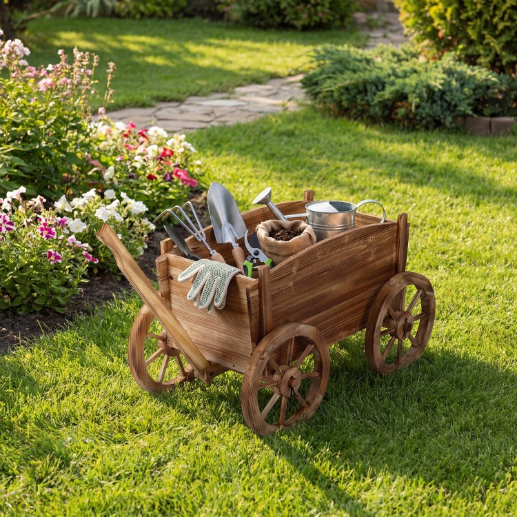 Rustic rolling flower pot stand with wheels, made of fir wood, featuring a spacious planter box for garden use.